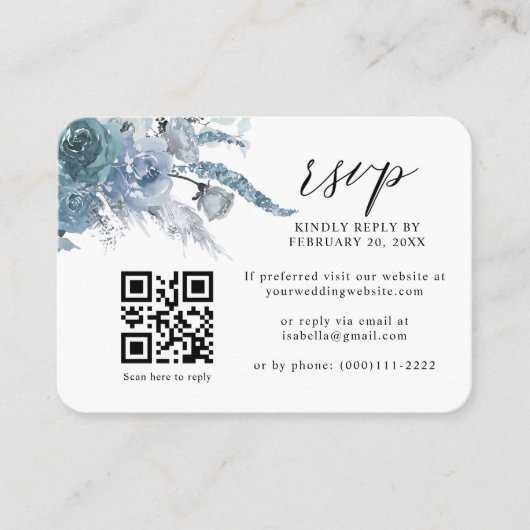 Dusty Blue Slate Boho Floral QR Code Weddenschap R Informatiekaartje (Voorkant)