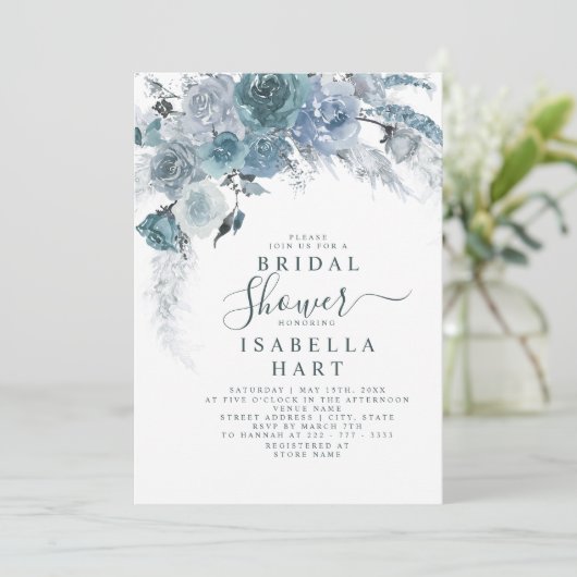 Dusty Blue Slate Boho Pampas Floral Vrijgezellenfe Kaart (Staand voorkant)