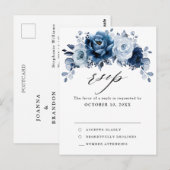 Dusty Blue Slate Dark Navy Floral Botanical RSVP Briefkaart (Voorkant / Achterkant)