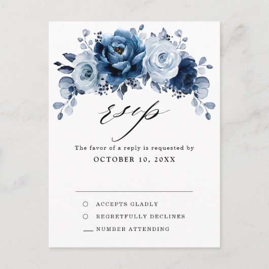 Dusty Blue Slate Dark Navy Floral Botanical RSVP Briefkaart (Voorkant)