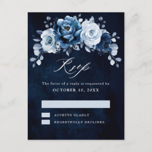 Dusty Blue Slate Dark Navy Floral Botanical RSVP Briefkaart