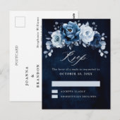 Dusty Blue Slate Dark Navy Floral Botanical RSVP Briefkaart (Voorkant / Achterkant)