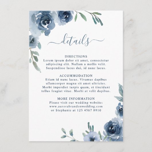Dusty Blue Slate Floral Botanical Chic Wedding Informatiekaartje (Voorkant)
