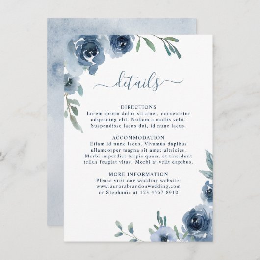 Dusty Blue Slate Floral Botanical Chic Wedding Informatiekaartje (Voorkant / Achterkant)