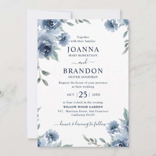 Dusty Blue Slate Floral Botanical Chic Wedding Kaart (Voorkant)