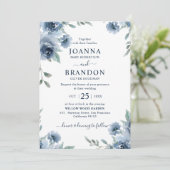 Dusty Blue Slate Floral Botanical Chic Wedding Kaart (Staand voorkant)