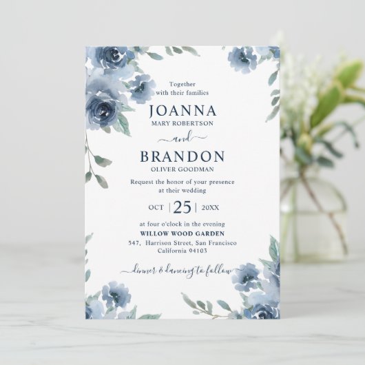 Dusty Blue Slate Floral Botanical Chic Wedding Kaart (Staand voorkant)