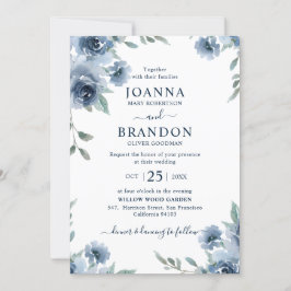 Dusty Blue Slate Floral Botanical Chic Wedding Kaart