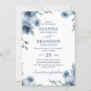 Dusty Blue Slate Floral Botanical Chic Wedding Kaart
