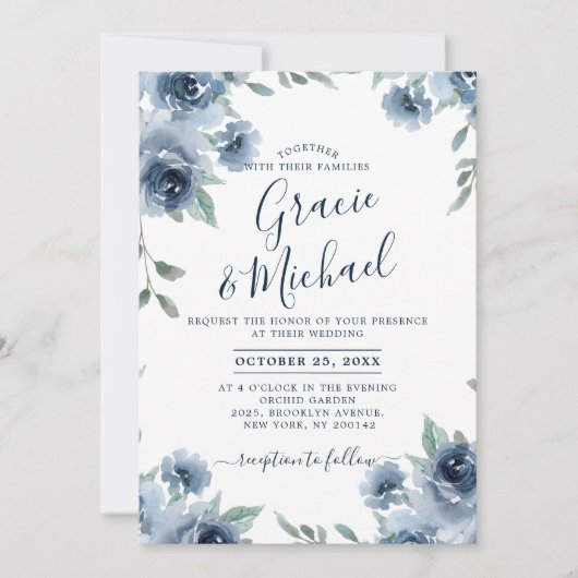 Dusty Blue Slate Floral Botanical Chic Wedding Kaart (Voorkant)