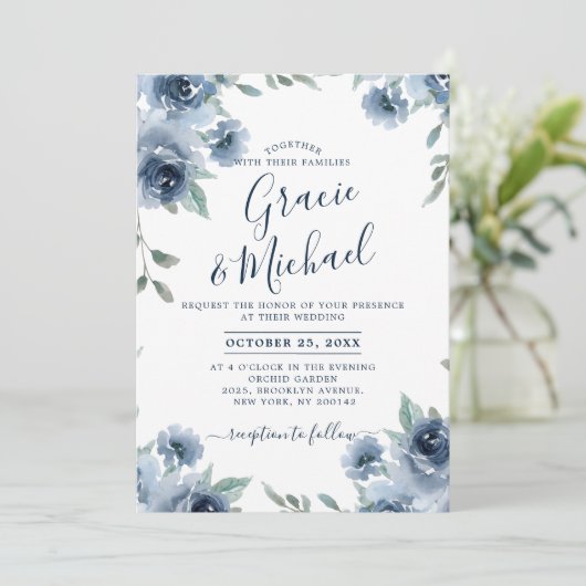 Dusty Blue Slate Floral Botanical Chic Wedding Kaart (Staand voorkant)