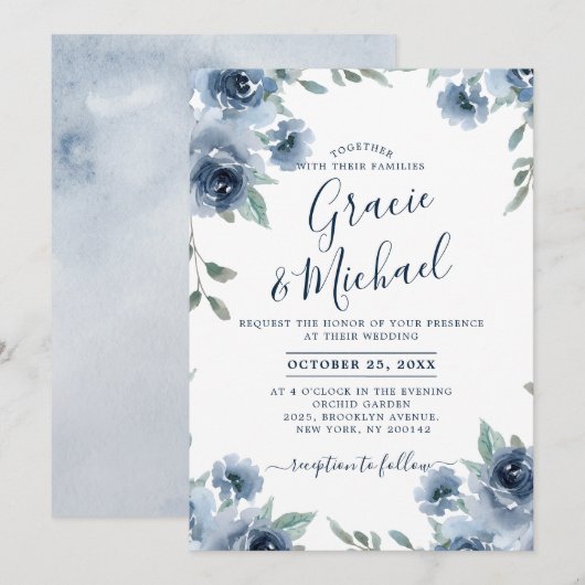 Dusty Blue Slate Floral Botanical Chic Wedding Kaart (Voorkant / Achterkant)