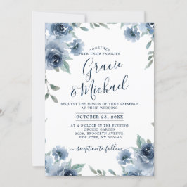 Dusty Blue Slate Floral Botanical Chic Wedding Kaart