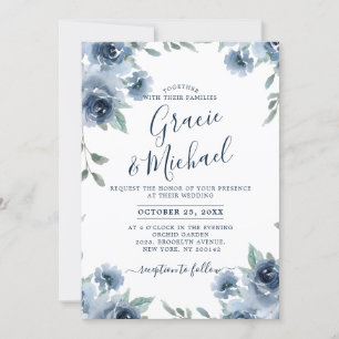 Dusty Blue Slate Floral Botanical Chic Wedding Kaart