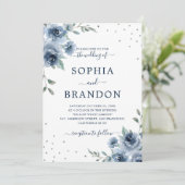 Dusty Blue Slate Floral Botanical Chic Wedding Kaart (Staand voorkant)