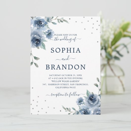 Dusty Blue Slate Floral Botanical Chic Wedding Kaart (Staand voorkant)