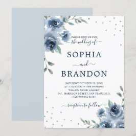 Dusty Blue Slate Floral Botanical Chic Wedding Kaart