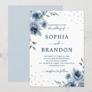 Dusty Blue Slate Floral Botanical Chic Wedding Kaart