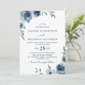 Dusty Blue Slate Floral Botanical Chic Wedding Kaart (Staand voorkant)