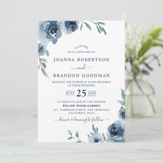 Dusty Blue Slate Floral Botanical Chic Wedding Kaart (Staand voorkant)