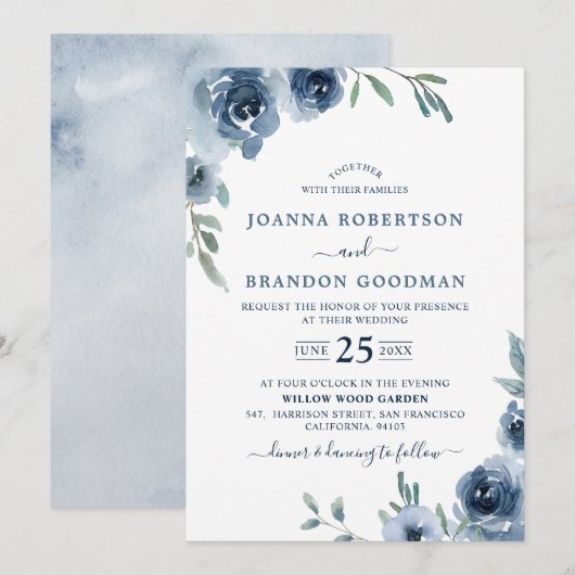 Dusty Blue Slate Floral Botanical Chic Wedding Kaart (Voorkant / Achterkant)
