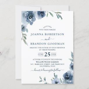 Dusty Blue Slate Floral Botanical Chic Wedding Kaart