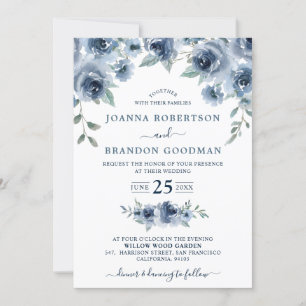 Dusty Blue Slate Floral Botanical Chic Wedding Kaart