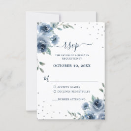 Dusty Blue Slate Floral Botanical Chic Wedding RSVP Kaartje