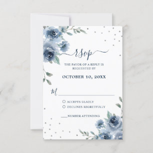 Dusty Blue Slate Floral Botanical Chic Wedding RSVP Kaartje