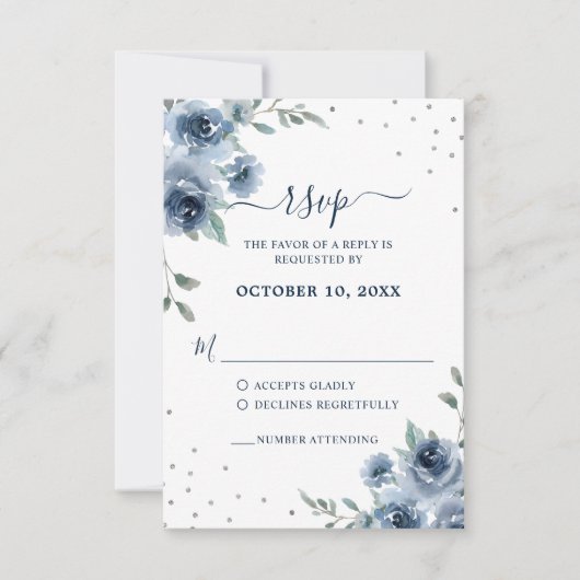 Dusty Blue Slate Floral Botanical Chic Wedding RSVP Kaartje (Voorkant)