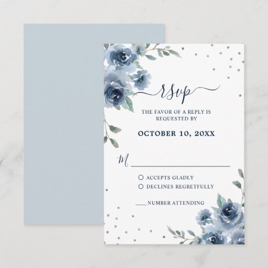Dusty Blue Slate Floral Botanical Chic Wedding RSVP Kaartje (Voorkant / Achterkant)