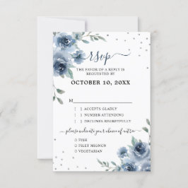 Dusty Blue Slate Floral Botanical Chic Wedding RSVP Kaartje