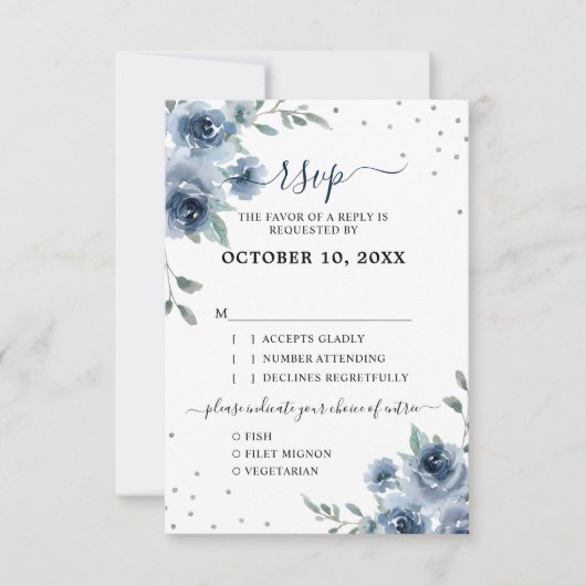 Dusty Blue Slate Floral Botanical Chic Wedding RSVP Kaartje (Voorkant)