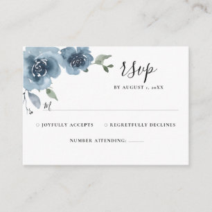Dusty Blue Slate Floral Waterverf Wedding RSVP Informatiekaartje