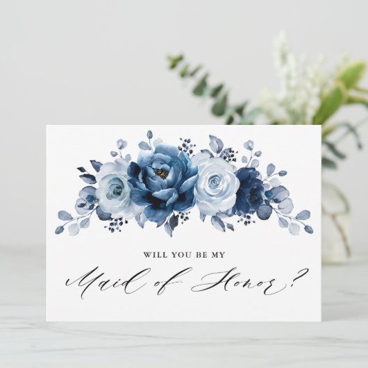 Dusty Blue Slate Navy Botanical Maid of Honor Kaart (Staand voorkant)