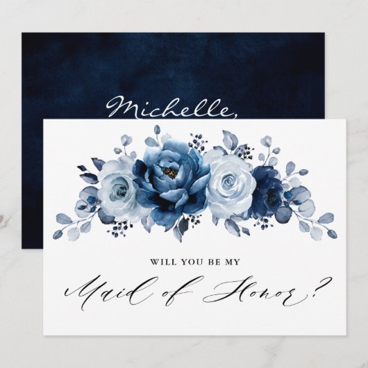 Dusty Blue Slate Navy Botanical Maid of Honor Kaart (Voorkant / Achterkant)