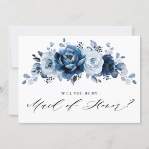 Dusty Blue Slate Navy Botanical Maid of Honor Kaart