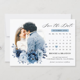 Dusty Blue Slate Navy Botanical Photo Calendar Save The Date