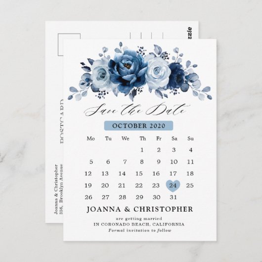 Dusty Blue Slate Navy Botanical Save the Date Briefkaart (Voorkant / Achterkant)