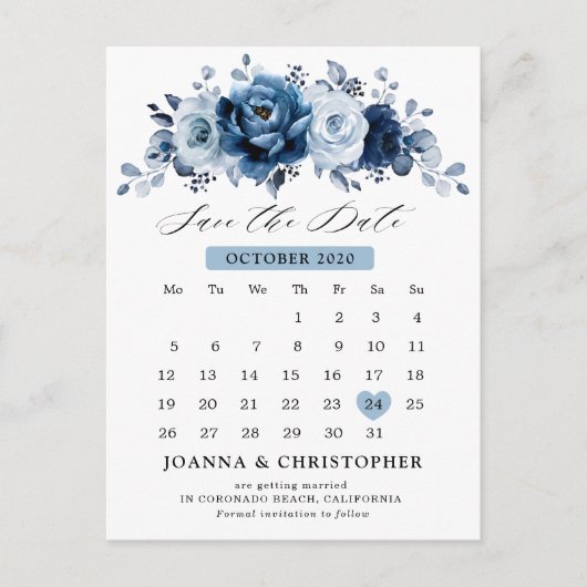 Dusty Blue Slate Navy Botanical Save the Date Briefkaart (Voorkant)