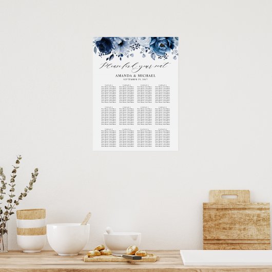 Dusty Blue Slate Navy Botanical Seating Chart Poster (Keuken)