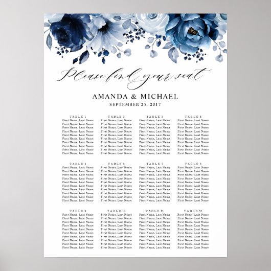 Dusty Blue Slate Navy Botanical Seating Chart Poster (Voorkant)