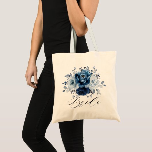 Dusty Blue Slate Navy Botanical Wedding Bride Tote Bag (Voorkant (product))