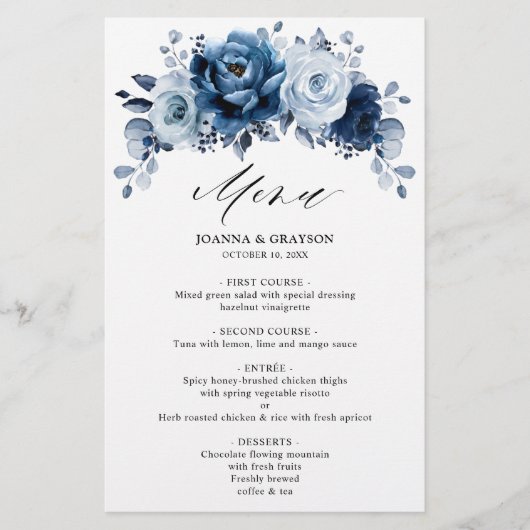 Dusty Blue Slate Navy Botanical Wedding Menu (Voorkant)