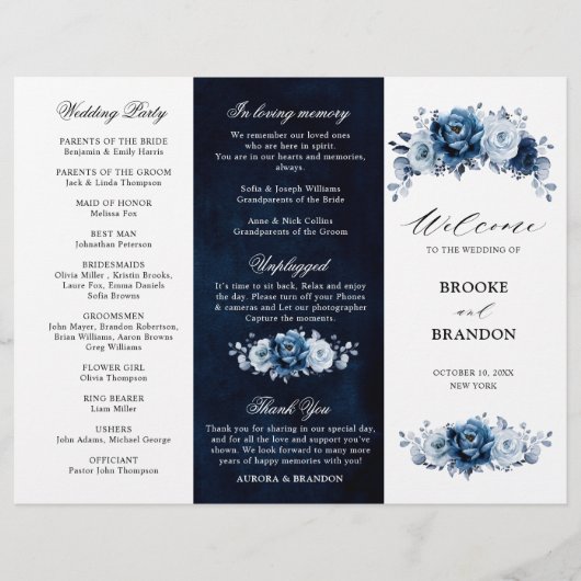 Dusty Blue Slate Navy Botanical Wedding Programme (Voorkant)