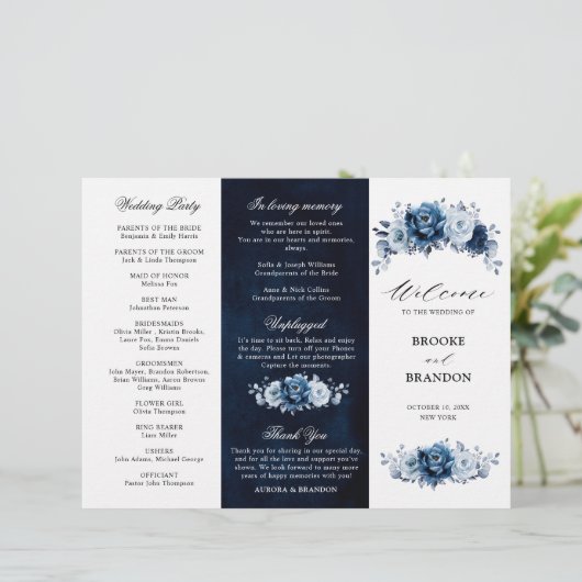 Dusty Blue Slate Navy Botanical Wedding Programme (Staand voorkant)