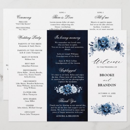 Dusty Blue Slate Navy Botanical Wedding Programme (Voorkant / Achterkant)