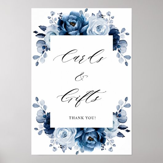 Dusty Blue Slate Navy Botanische Kaarten & Gifts Poster (Voorkant)