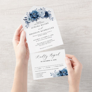 Dusty Blue Slate Navy Floral Botanical Wedding All In One Uitnodiging