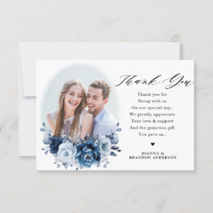Dusty Blue Slate Navy Floral Botanical Wedding Bedankkaart